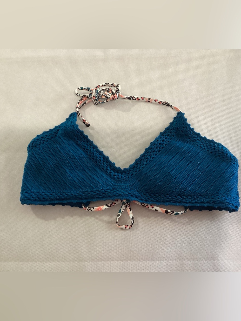 Source Unknown Teal Crochet Halter Crop Top with Printed Ties